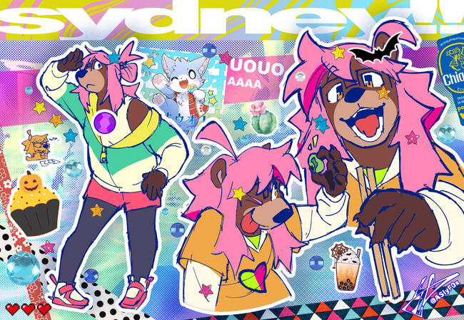 A sketch page for my main fursona, Sydney