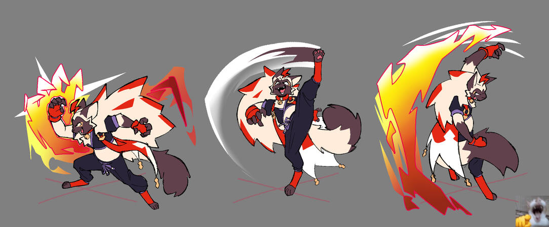My OC, Rakaar, striking three moves inspired from fighting games