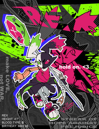 A redesign of my OC, Rex, based off the beta bunnies from Splatoon. I had Guilty Gear as strong inspiration when redesigning.