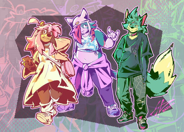 An experimental, sketchy piece featuring my two current fursonas (Sydney and Denny, left and center), and a former one, Slyde (right)
